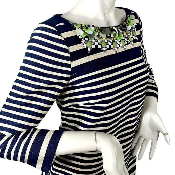 J Crew NWT Navy Cream Striped Jeweled Embellished Neckline Sheath LS Dress Sz 2