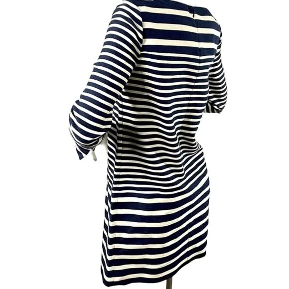 J Crew NWT Navy Cream Striped Jeweled Embellished Neckline Sheath LS Dress Sz 2