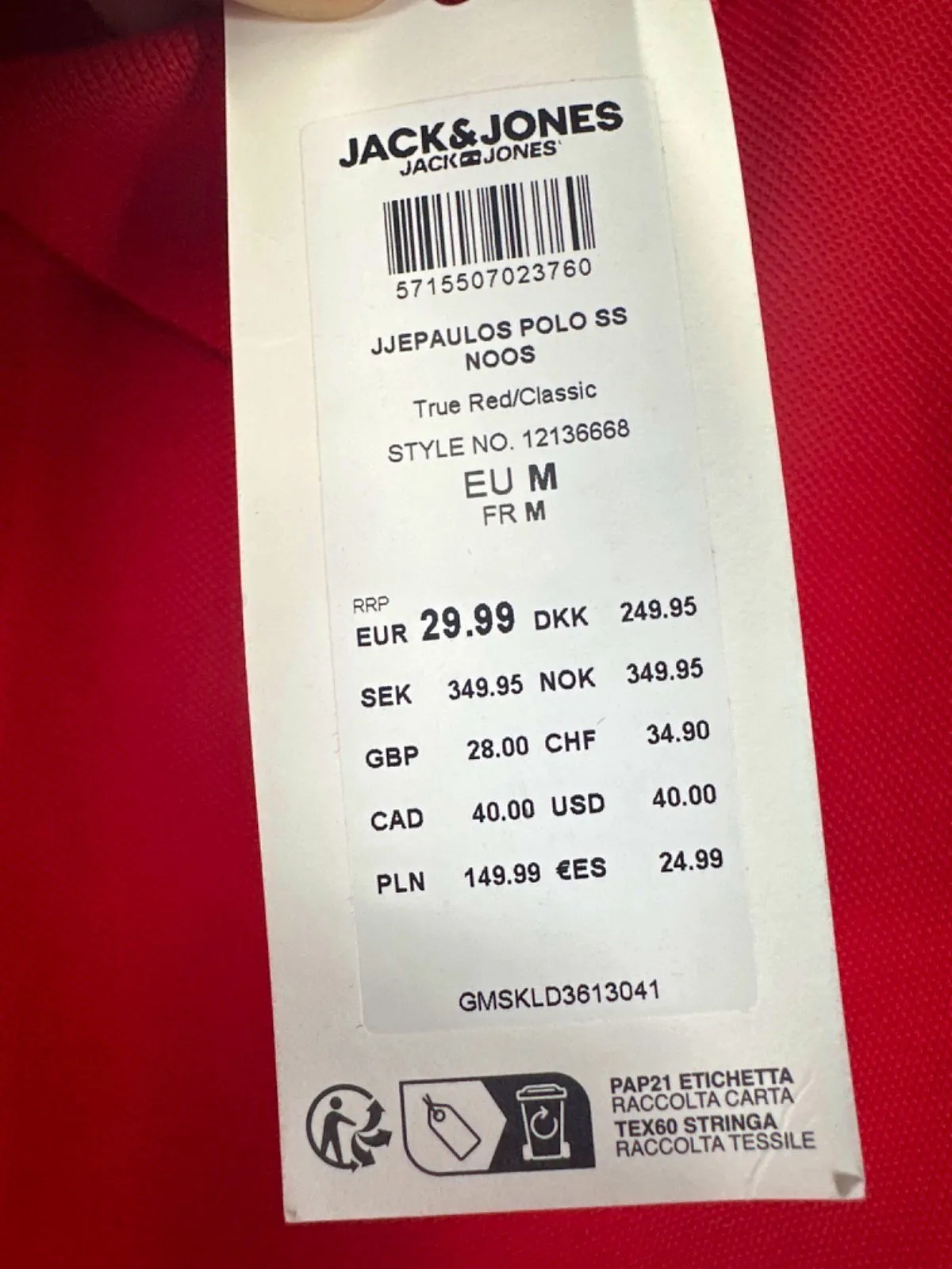 Jack & Jones Red True Red/Classic Polo Shirt UK M