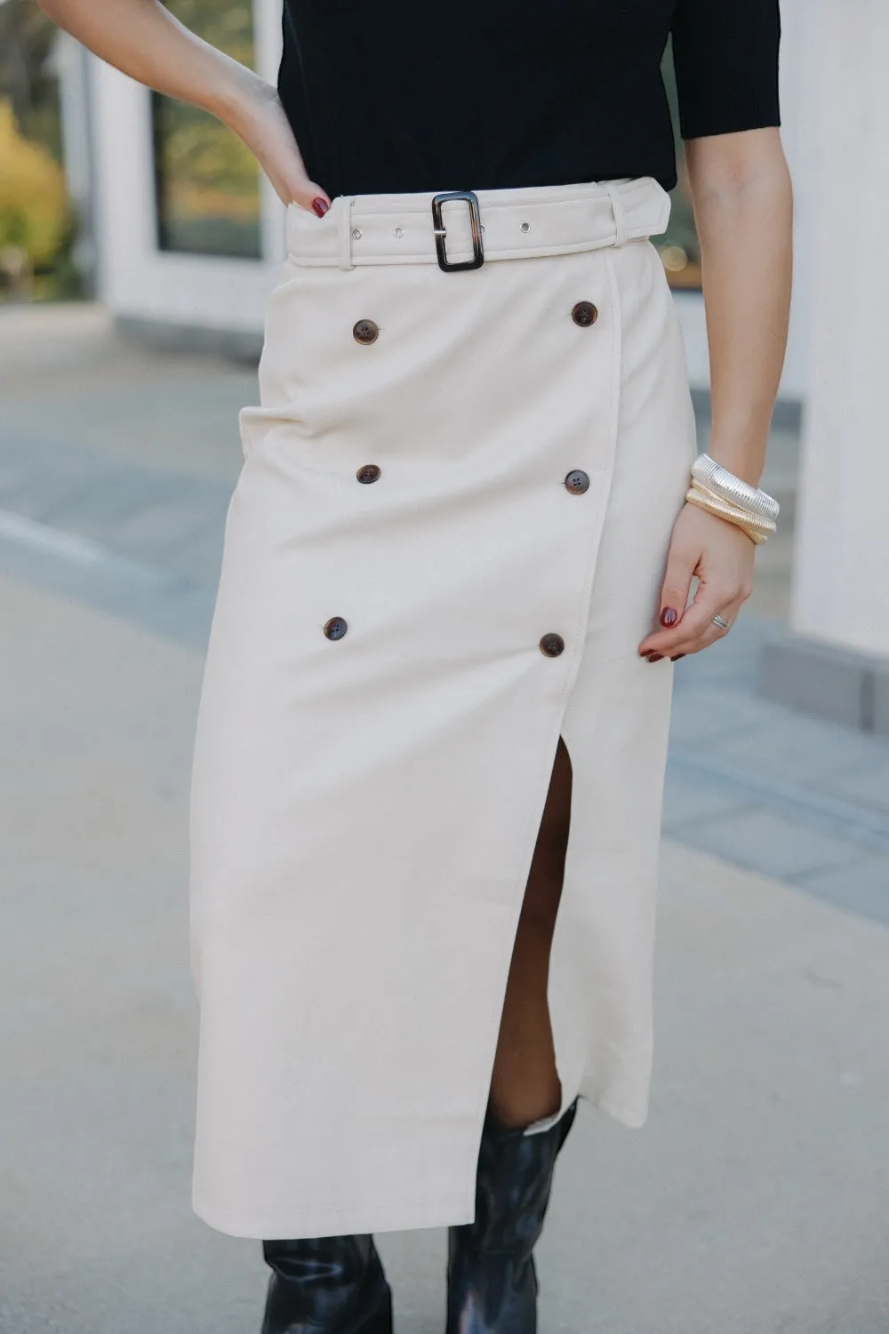 Jackie Cream Leather Double Button Skirt (XS-3XL)
