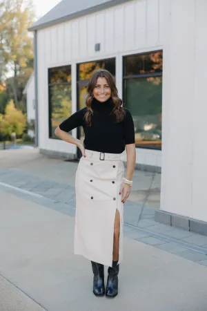 Jackie Cream Leather Double Button Skirt (XS-3XL)