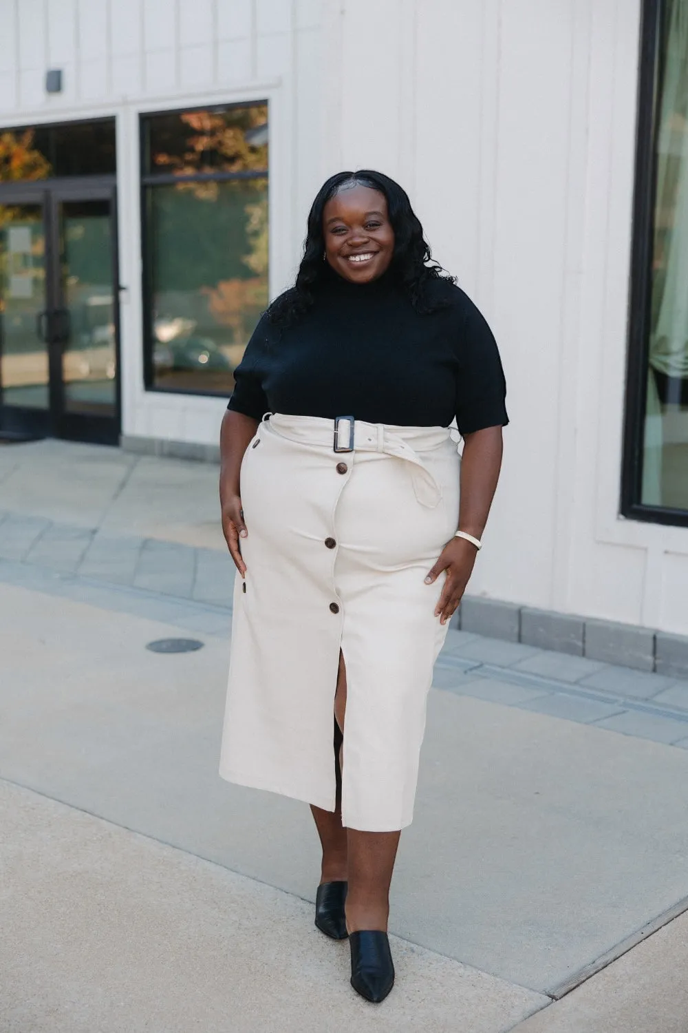 Jackie Cream Leather Double Button Skirt (XS-3XL)