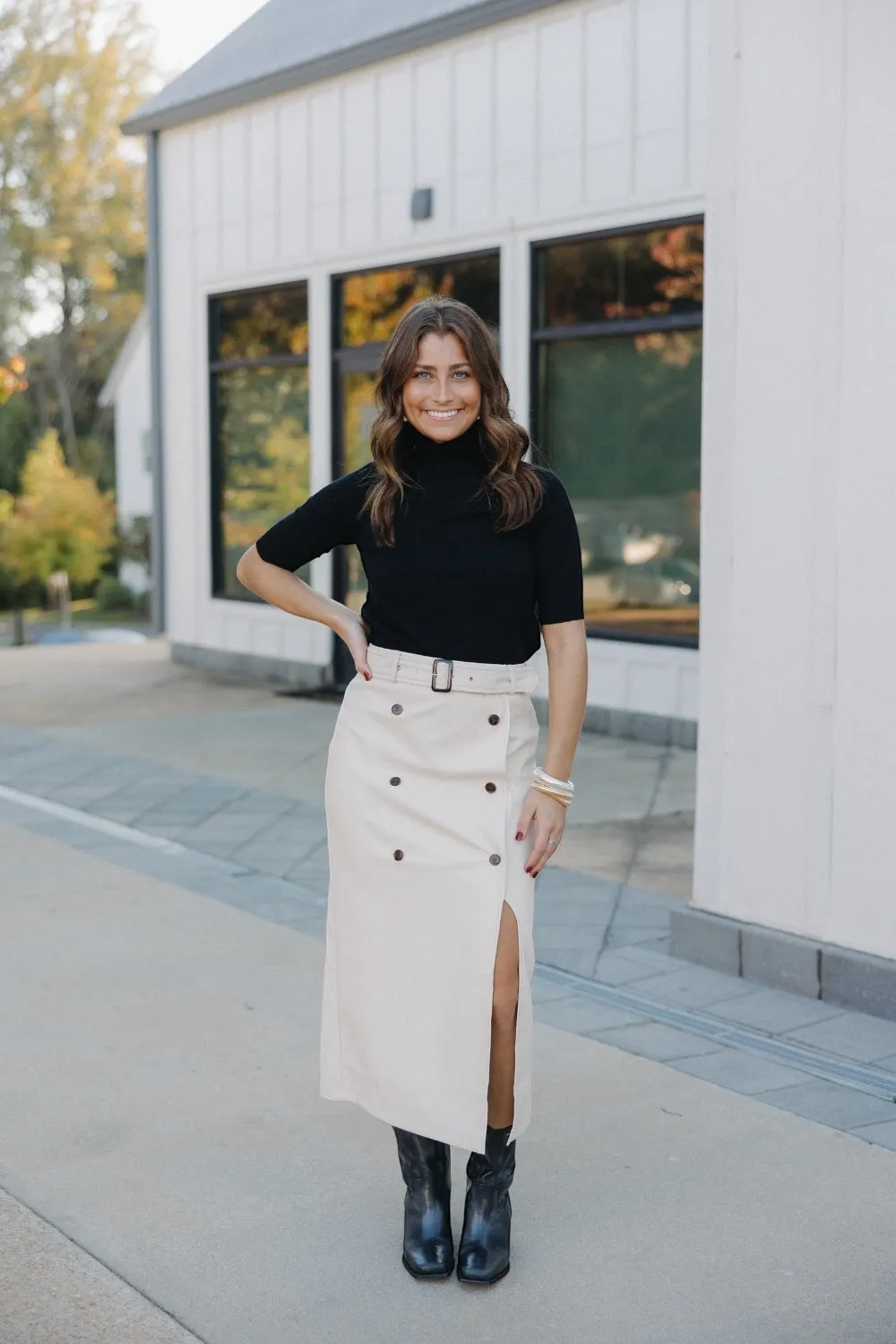 Jackie Cream Leather Double Button Skirt (XS-3XL)