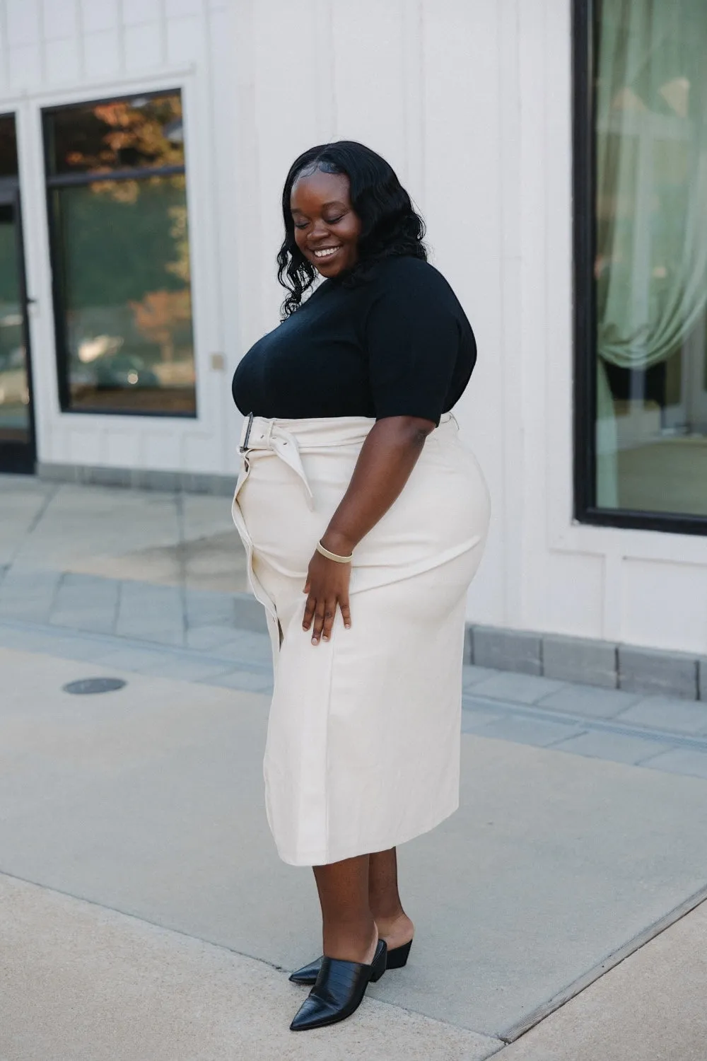 Jackie Cream Leather Double Button Skirt (XS-3XL)