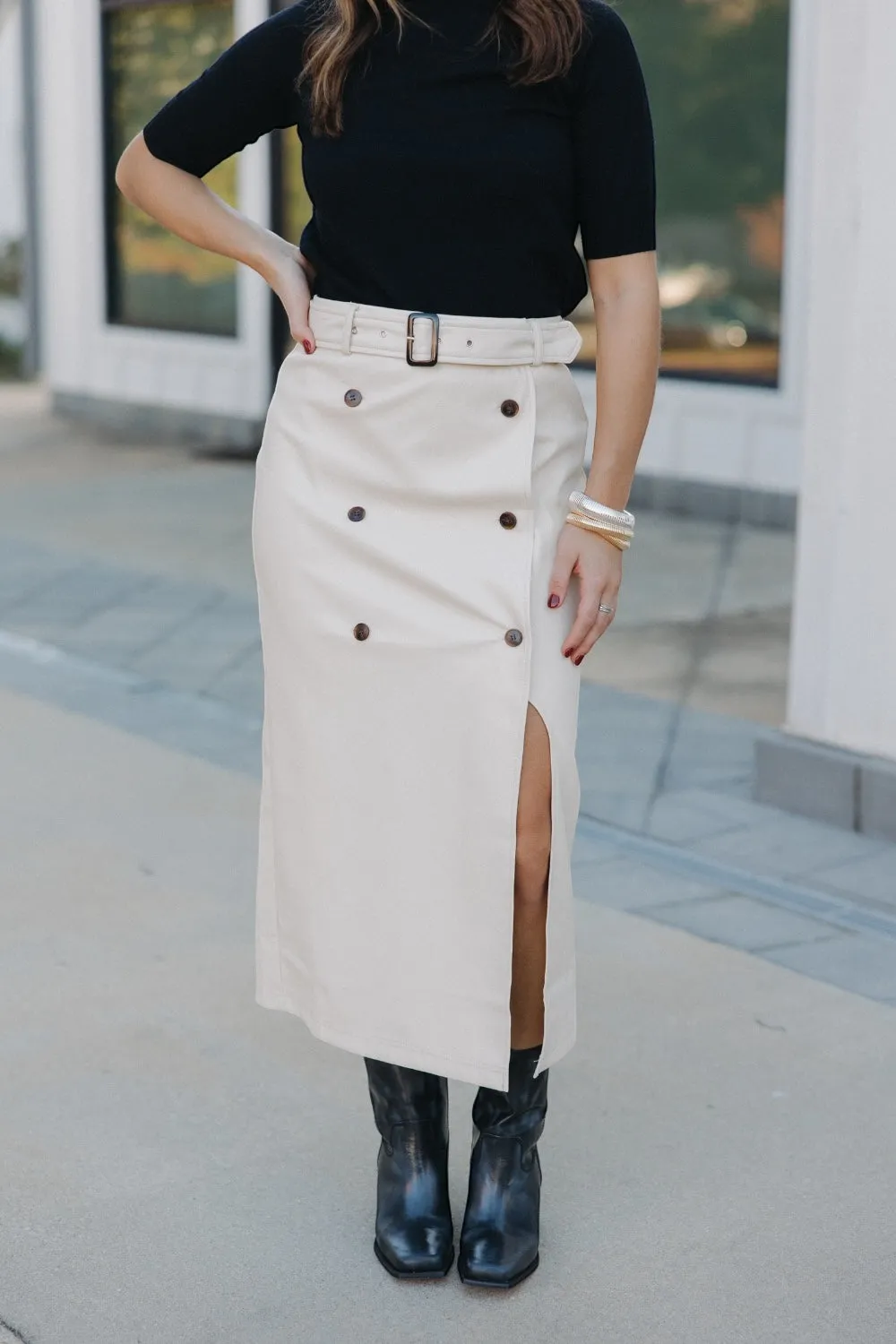 Jackie Cream Leather Double Button Skirt (XS-3XL)