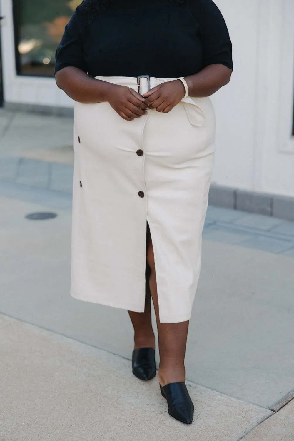 Jackie Cream Leather Double Button Skirt (XS-3XL)