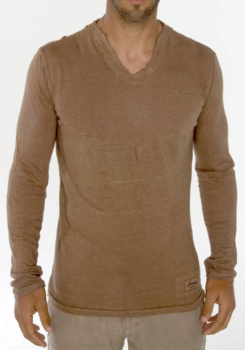 Jersey Linen Fitted Long Sleeve V-Neck T-Shirt