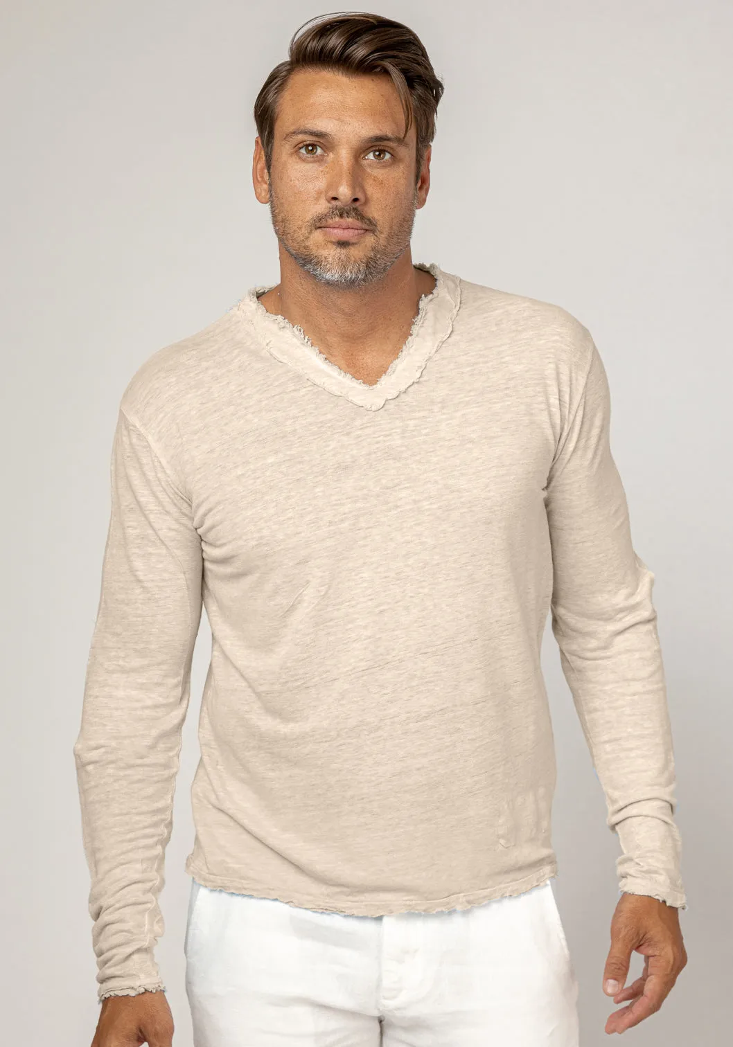 Jersey Linen Fitted Long Sleeve V-Neck T-Shirt