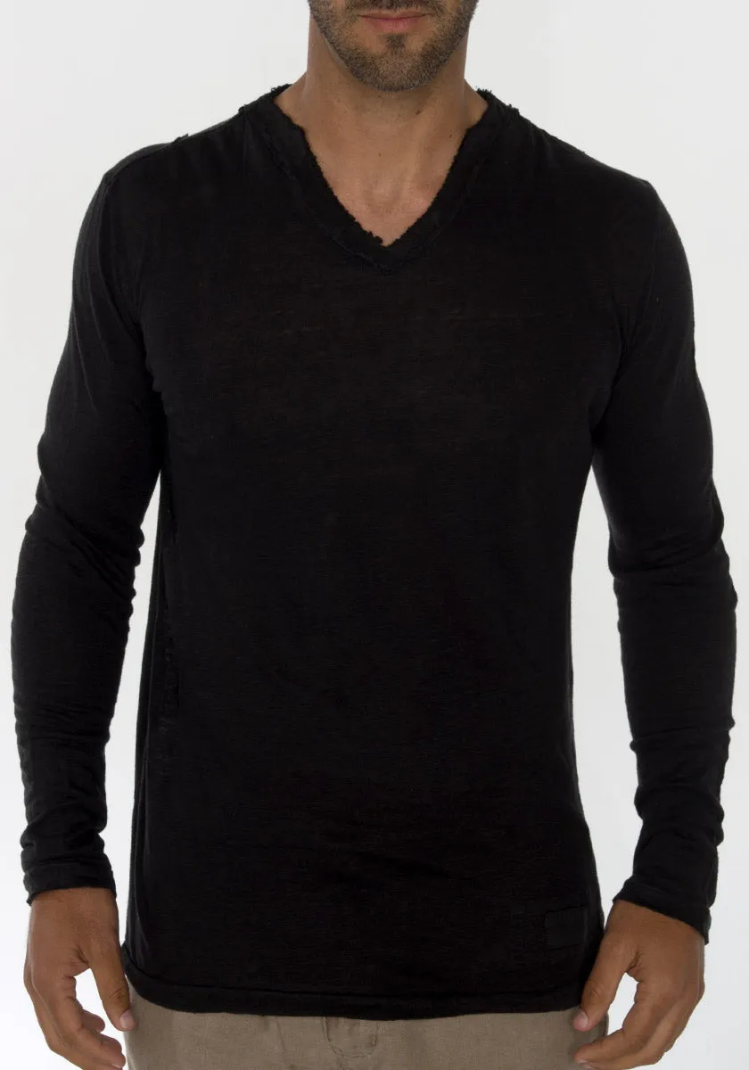 Jersey Linen Fitted Long Sleeve V-Neck T-Shirt