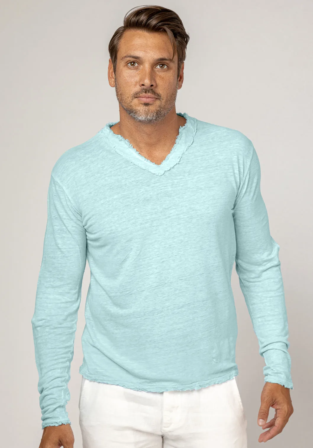 Jersey Linen Fitted Long Sleeve V-Neck T-Shirt