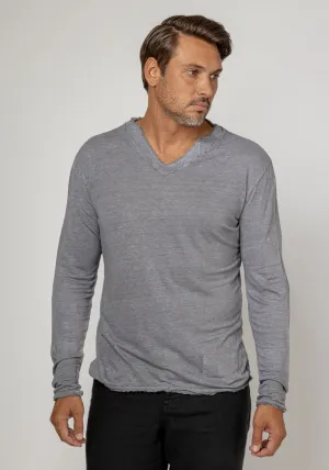 Jersey Linen Fitted Long Sleeve V-Neck T-Shirt