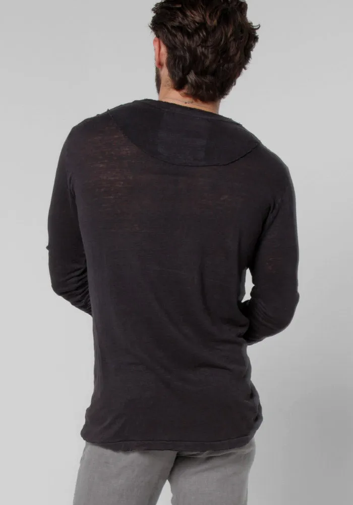 Jersey Linen Fitted Long Sleeve V-Neck T-Shirt