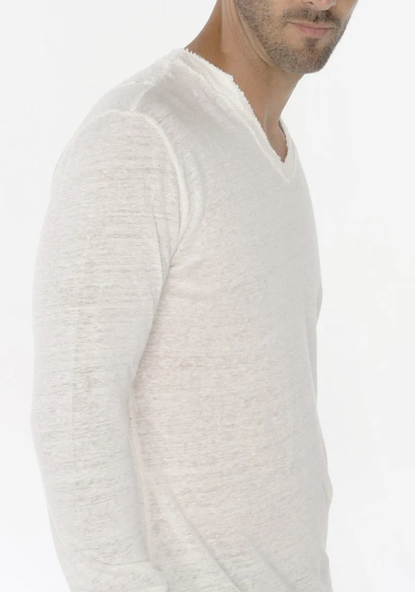 Jersey Linen Fitted Long Sleeve V-Neck T-Shirt