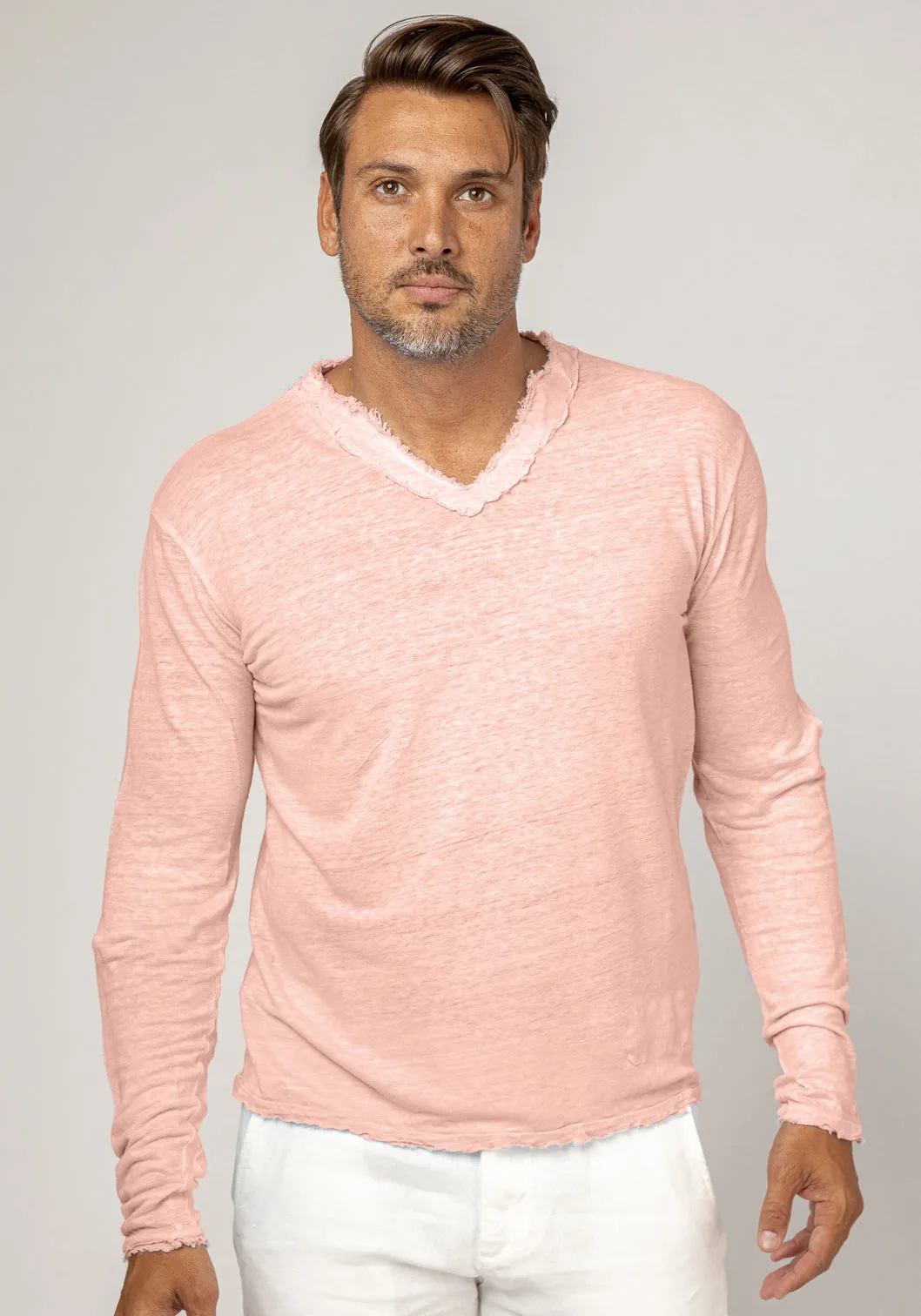 Jersey Linen Fitted Long Sleeve V-Neck T-Shirt