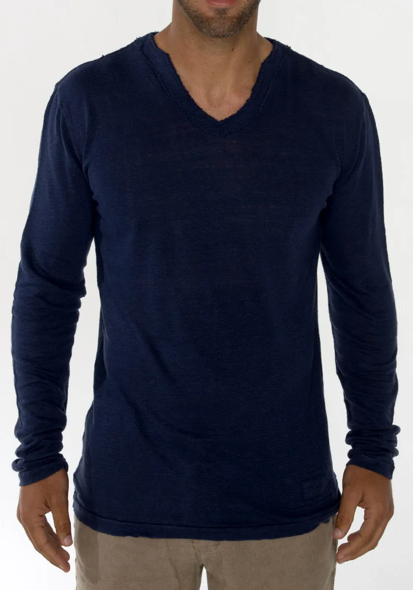 Jersey Linen Fitted Long Sleeve V-Neck T-Shirt