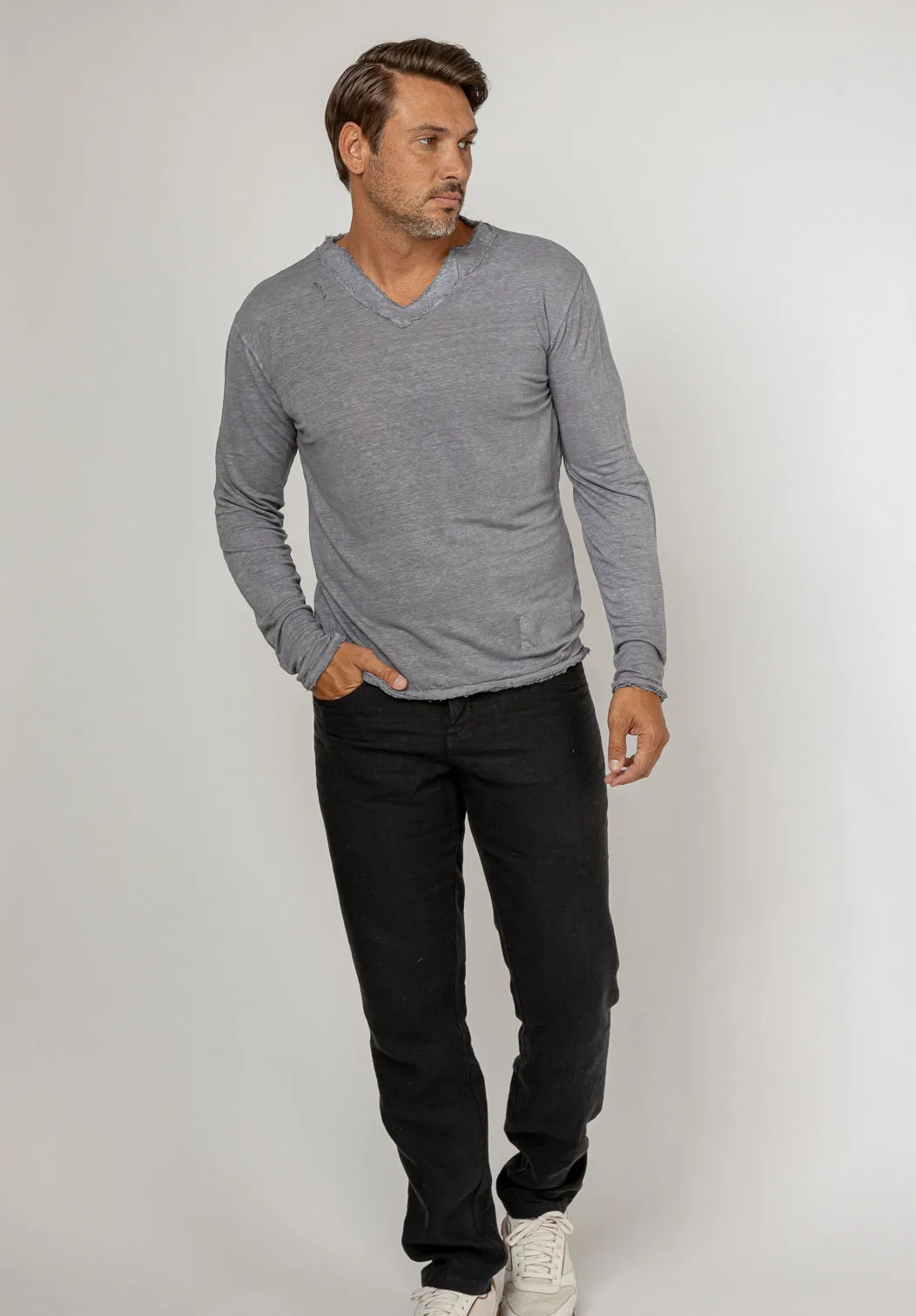 Jersey Linen Fitted Long Sleeve V-Neck T-Shirt