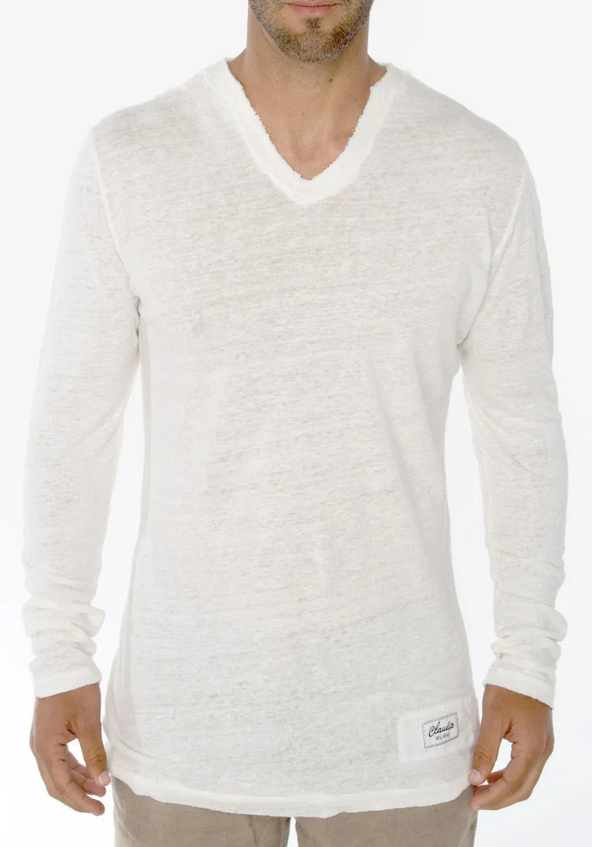 Jersey Linen Fitted Long Sleeve V-Neck T-Shirt