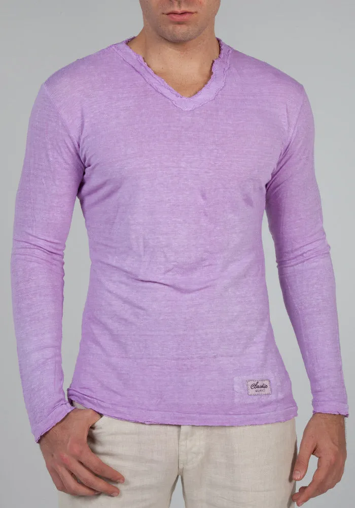 Jersey Linen Fitted Long Sleeve V-Neck T-Shirt
