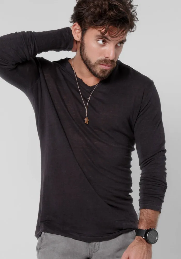 Jersey Linen Fitted Long Sleeve V-Neck T-Shirt