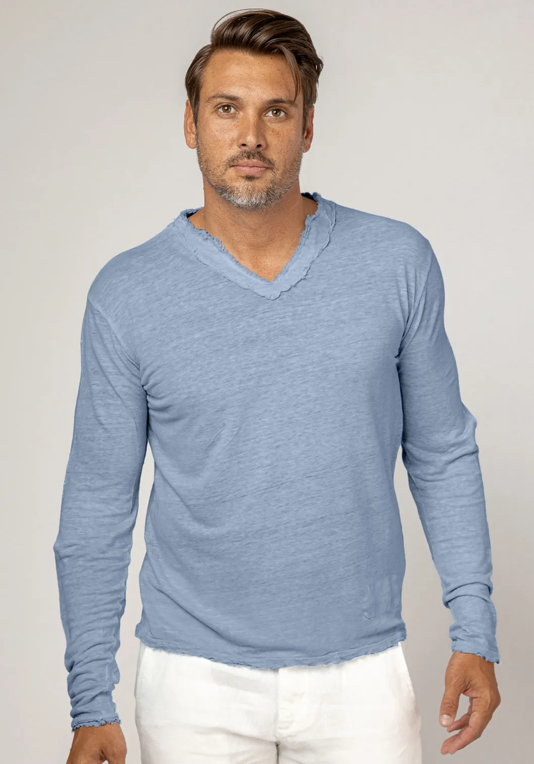 Jersey Linen Fitted Long Sleeve V-Neck T-Shirt