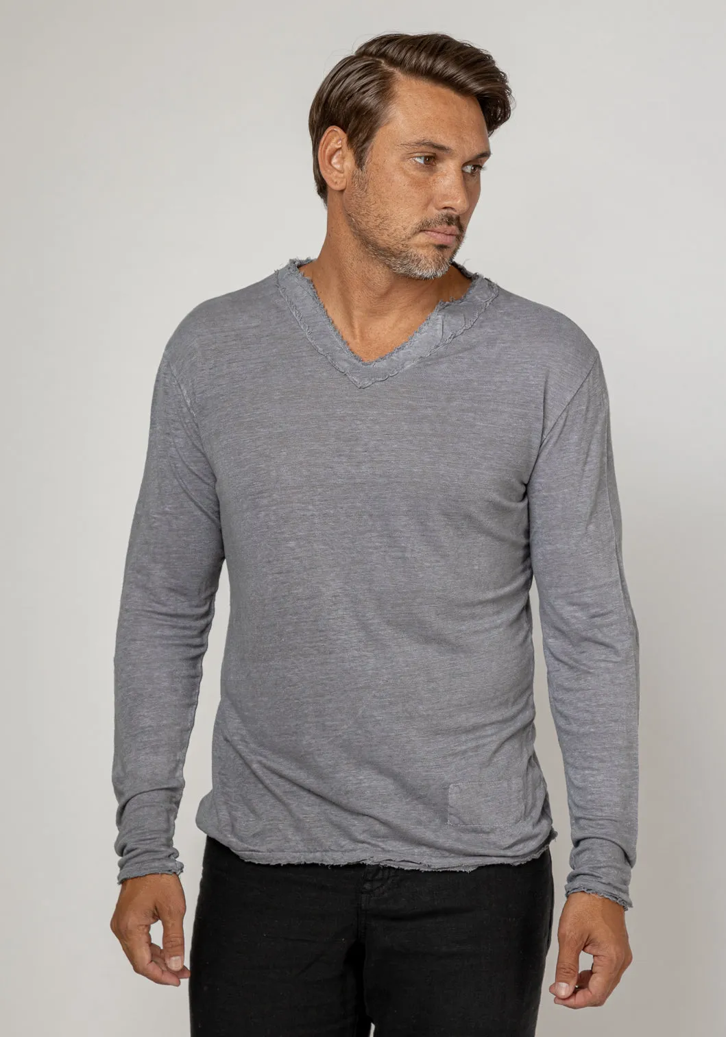 Jersey Linen Fitted Long Sleeve V-Neck T-Shirt