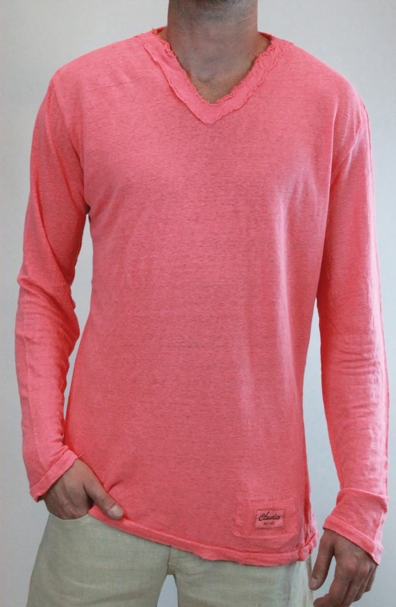 Jersey Linen Fitted Long Sleeve V-Neck T-Shirt