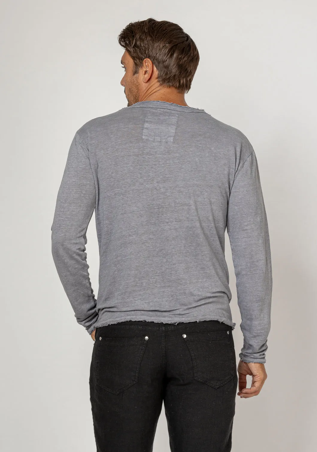 Jersey Linen Fitted Long Sleeve V-Neck T-Shirt