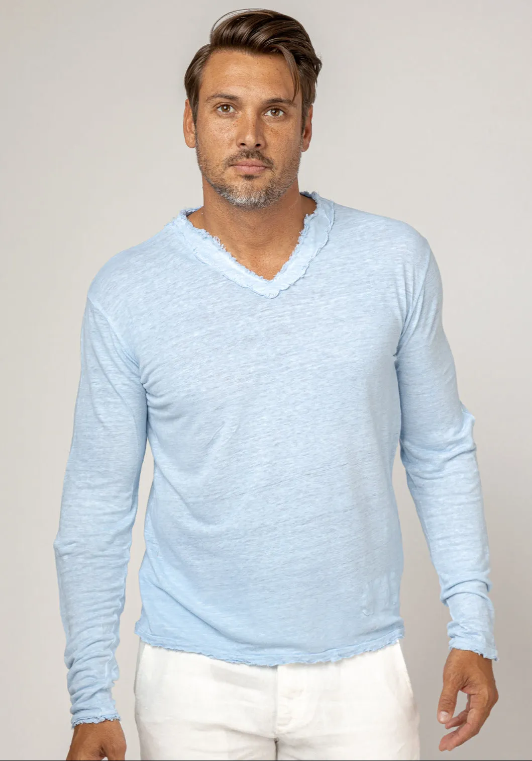 Jersey Linen Fitted Long Sleeve V-Neck T-Shirt