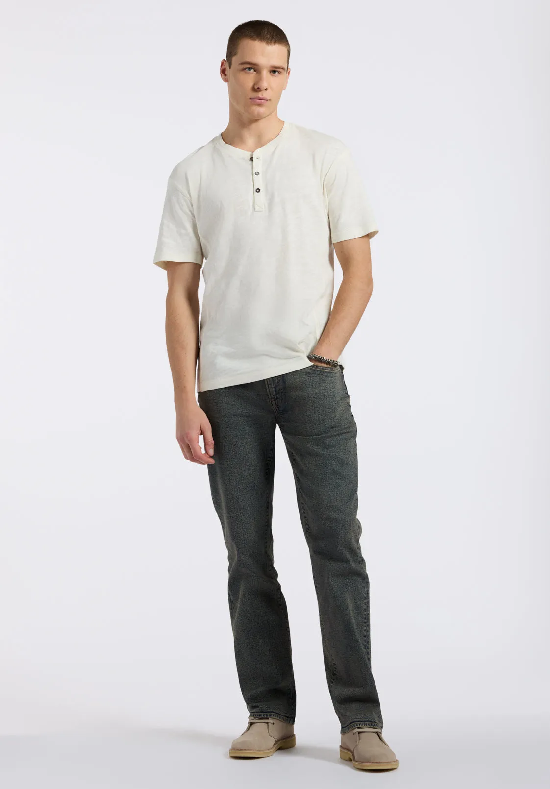 Kandido Men's Short Sleeve Slub Jersey Relaxed Henley Top, Milk - BM24605