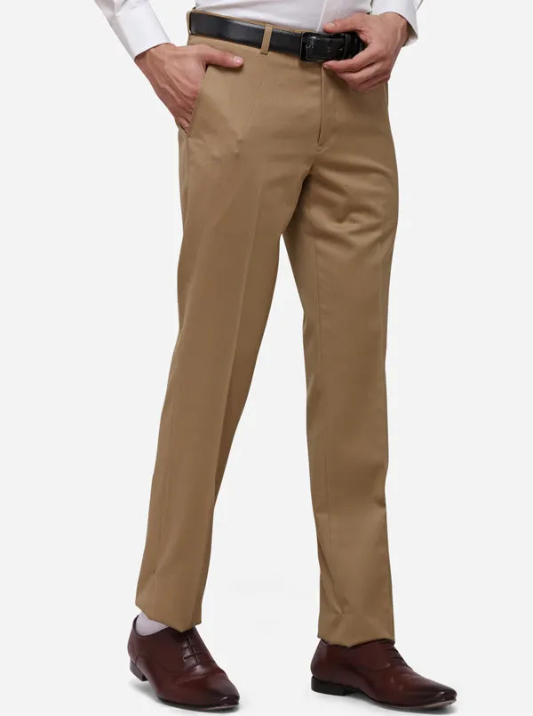 Khaki Solid Slim Fit Formal Trouser | Metal