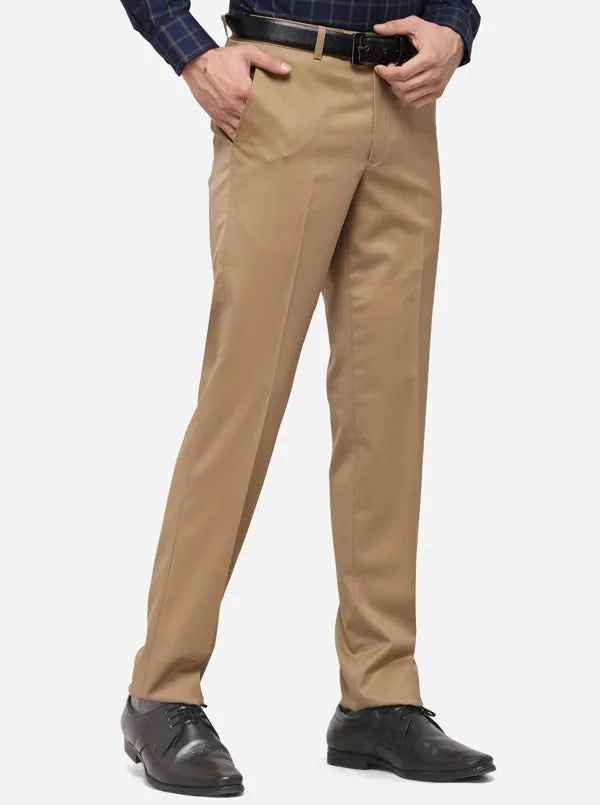 Khaki Solid Slim Fit Formal Trouser | Metal
