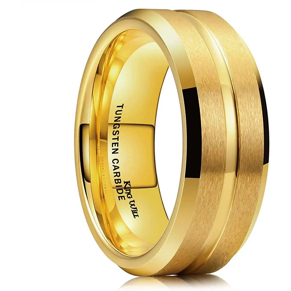 King Will Classic 8mm Tungsten Carbide Wedding Band Ring for Men Grooved Center Comfort Fit Black/Silver/Gold/Blue | Multiple Colors
