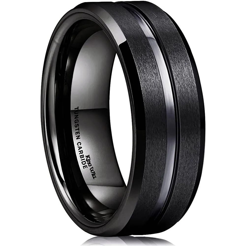 King Will Classic 8mm Tungsten Carbide Wedding Band Ring for Men Grooved Center Comfort Fit Black/Silver/Gold/Blue | Multiple Colors