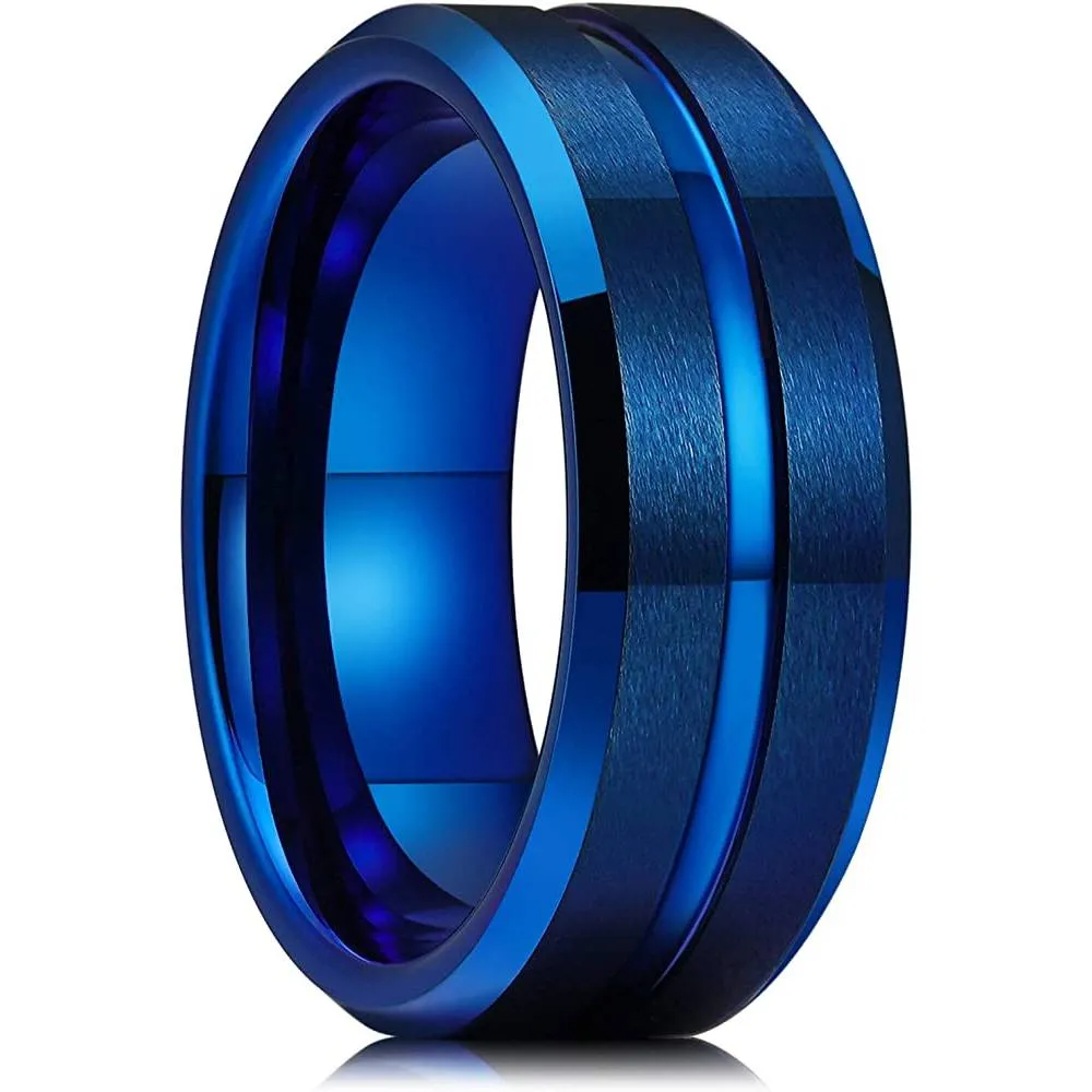 King Will Classic 8mm Tungsten Carbide Wedding Band Ring for Men Grooved Center Comfort Fit Black/Silver/Gold/Blue | Multiple Colors