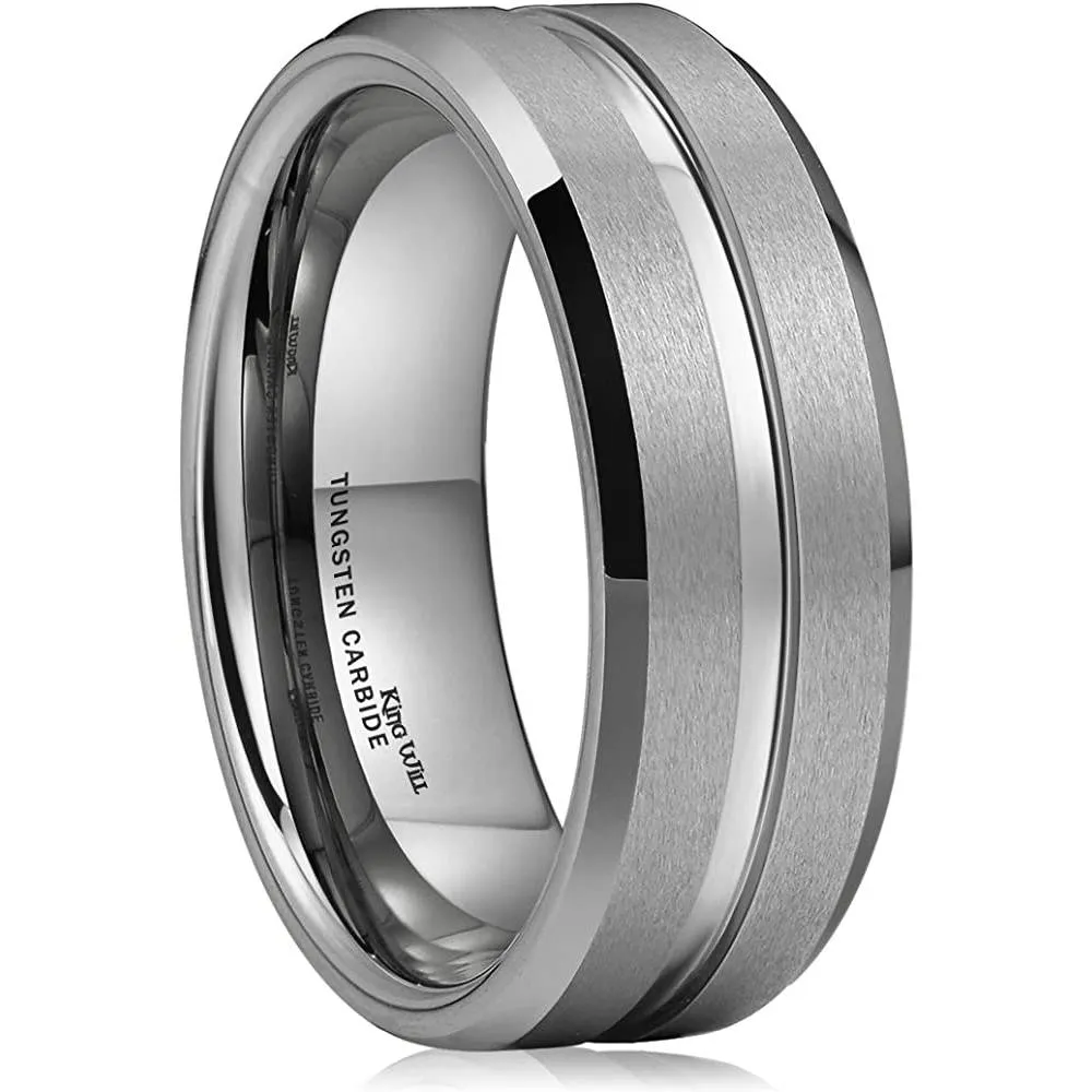 King Will Classic 8mm Tungsten Carbide Wedding Band Ring for Men Grooved Center Comfort Fit Black/Silver/Gold/Blue | Multiple Colors