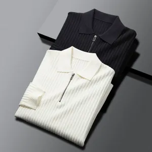 Knit Luxe™ | Men's Ribbed Knit Polo Sweater | Zip Neck, Long Sleeve, Textured Stretch Fit