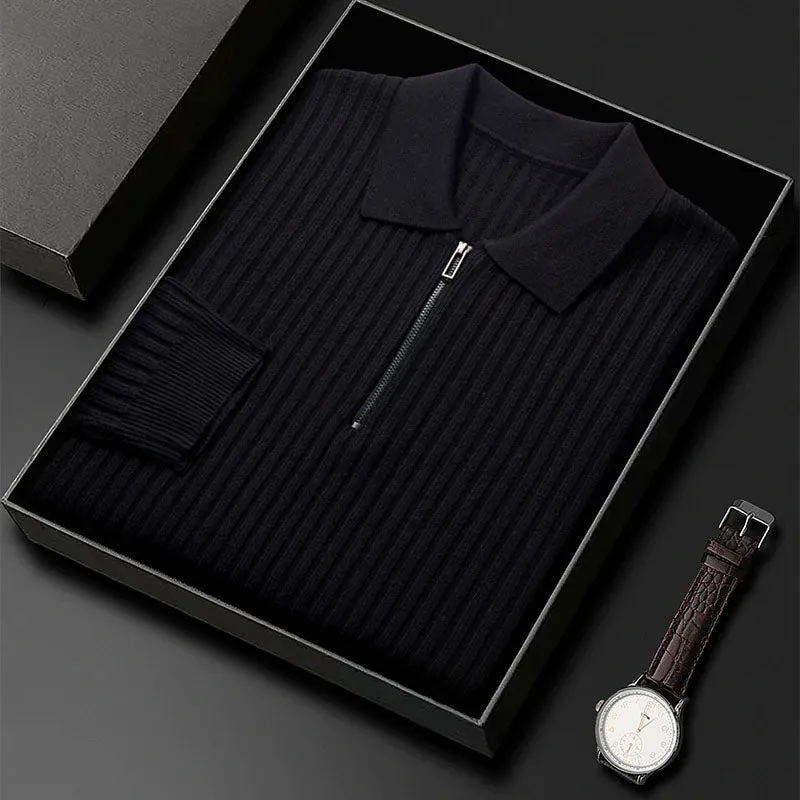 Knit Luxe™ | Men's Ribbed Knit Polo Sweater | Zip Neck, Long Sleeve, Textured Stretch Fit