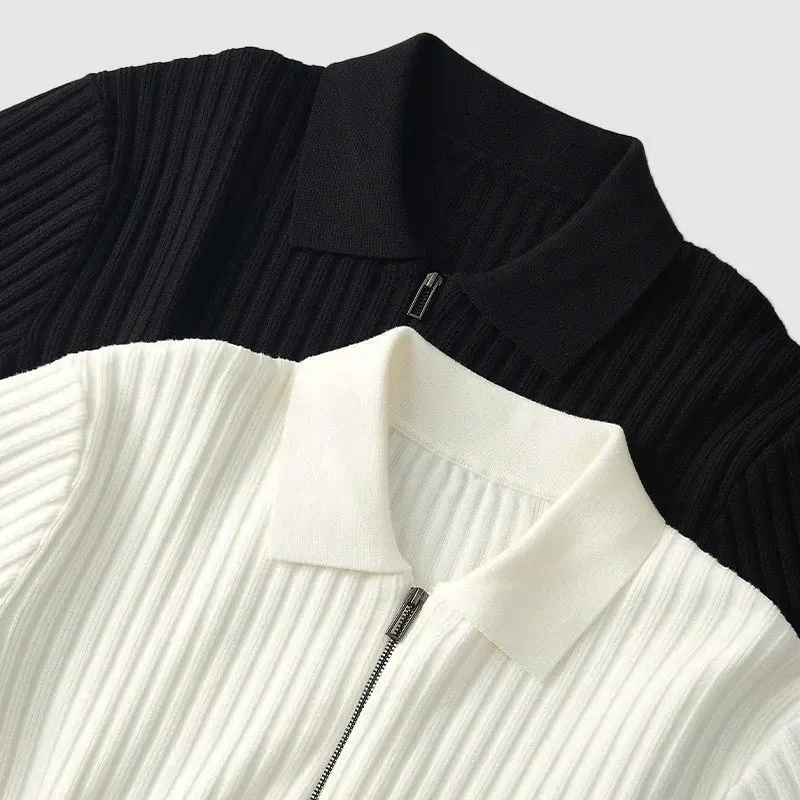 Knit Luxe™ | Men's Ribbed Knit Polo Sweater | Zip Neck, Long Sleeve, Textured Stretch Fit