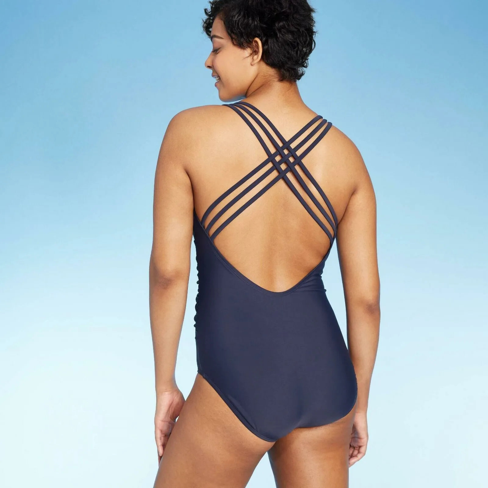 Kona Sol Women's Oxford Strappy Back High Coverage One Piece Swimsuit