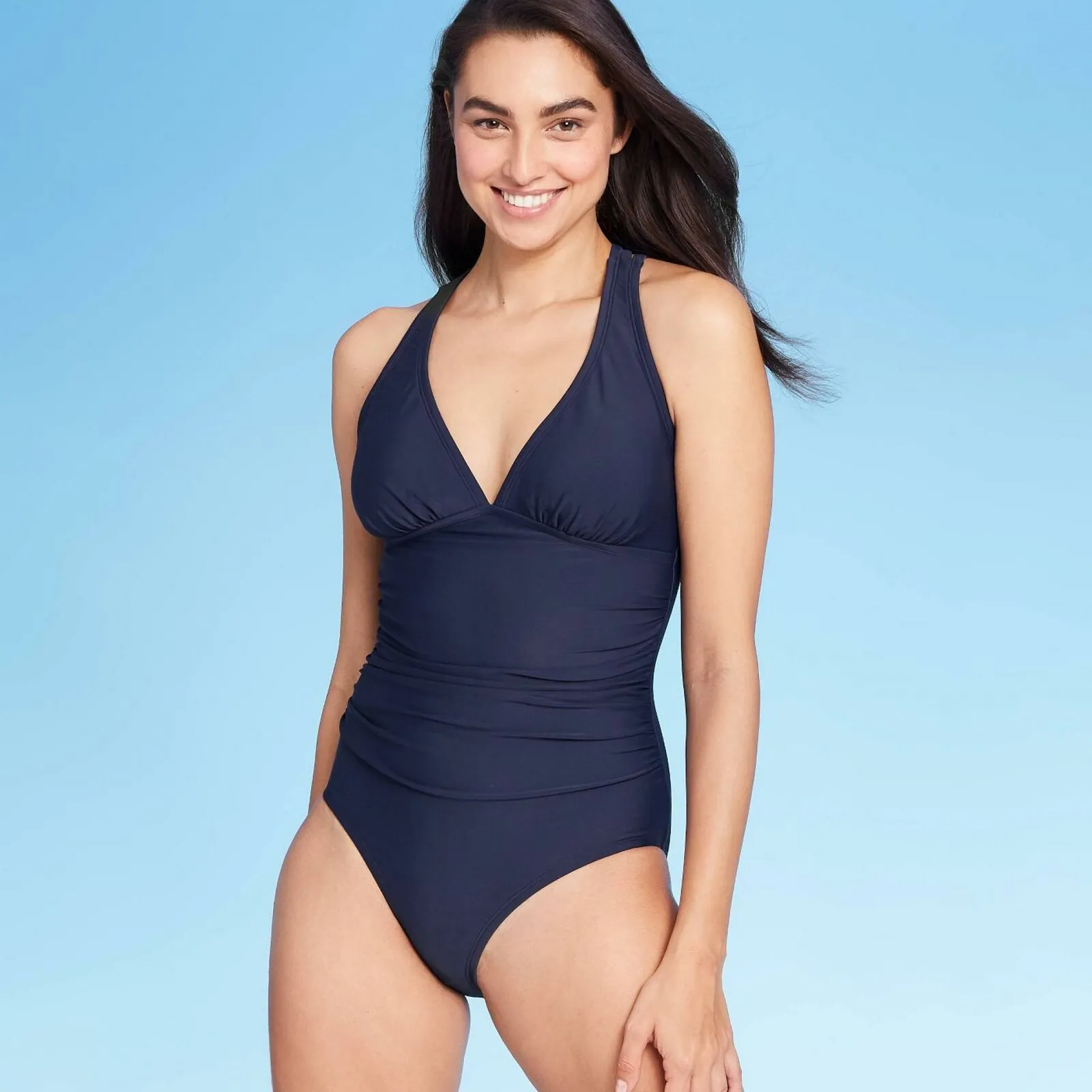 Kona Sol Women's Oxford Strappy Back High Coverage One Piece Swimsuit