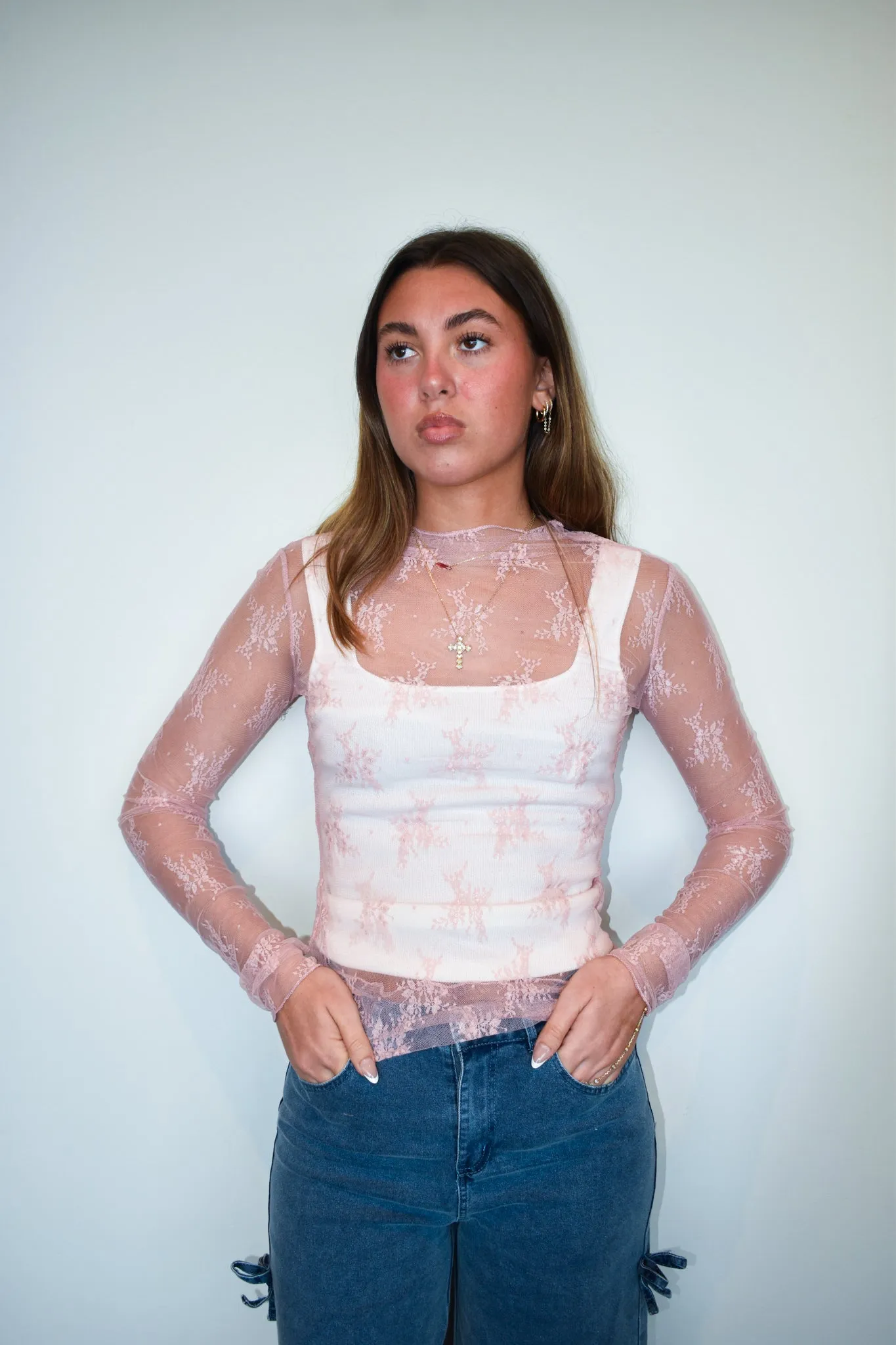 Lace Long Sleeve Layering Top- Blush