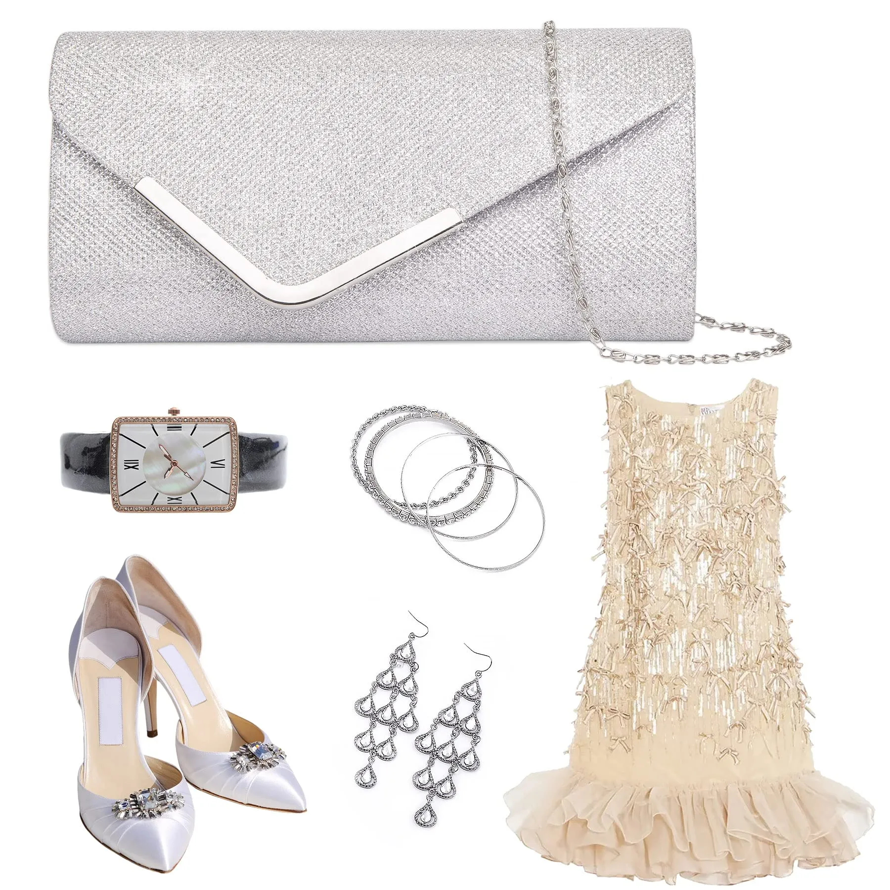 Larcenciel Shiny Sequin Envelope Clutch Evening Bag with Chain