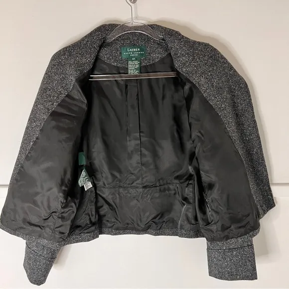 Lauren Ralph Lauren Charcoal Gray Moto Bomber Lambswool Tweed Jacket