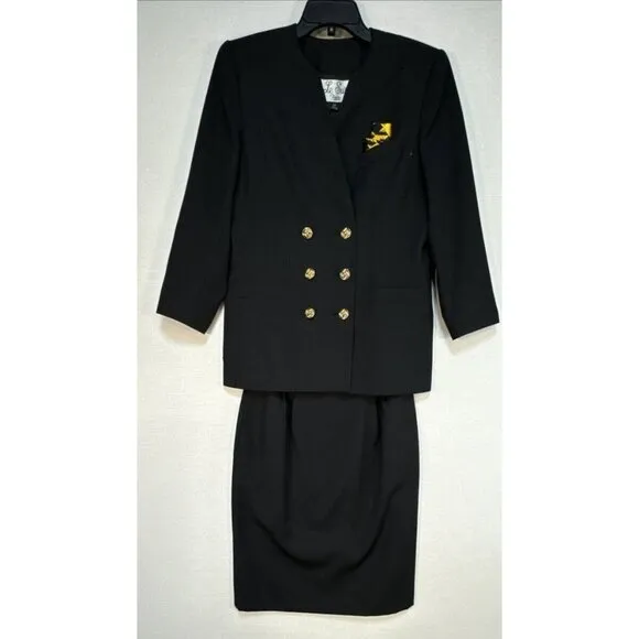 Le Suit Womens Skirt &amp; Jacket Suit Size 10P Petites Black Six Front Buttons