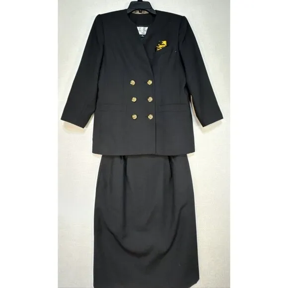 Le Suit Womens Skirt &amp; Jacket Suit Size 10P Petites Black Six Front Buttons