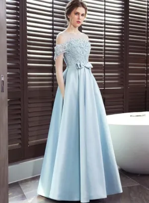 Light Blue Long Satin Lace Off Shoulder Floor Length Prom Dress, Blue Formal Dress