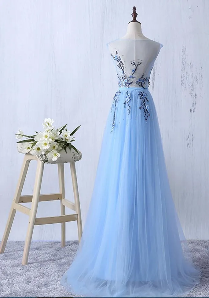 Light Blue Tulle Long Formal Dress with Embroidery, Beautiful Party Gowns