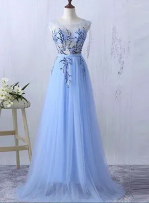 Light Blue Tulle Long Formal Dress with Embroidery, Beautiful Party Gowns