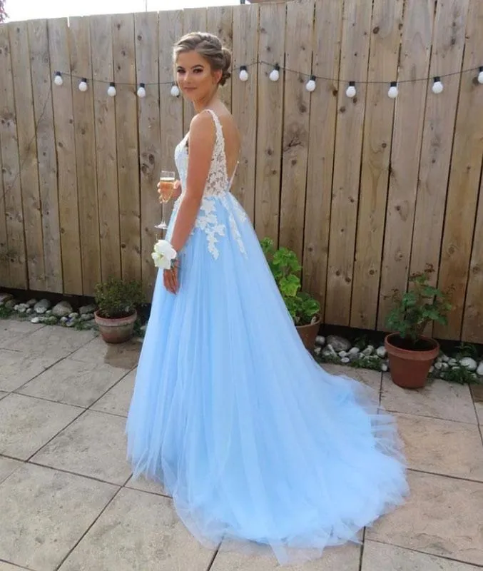 Light Blue Tulle with White Lace Applique Floor Length Party Dress, Elegant Senior Prom Dress