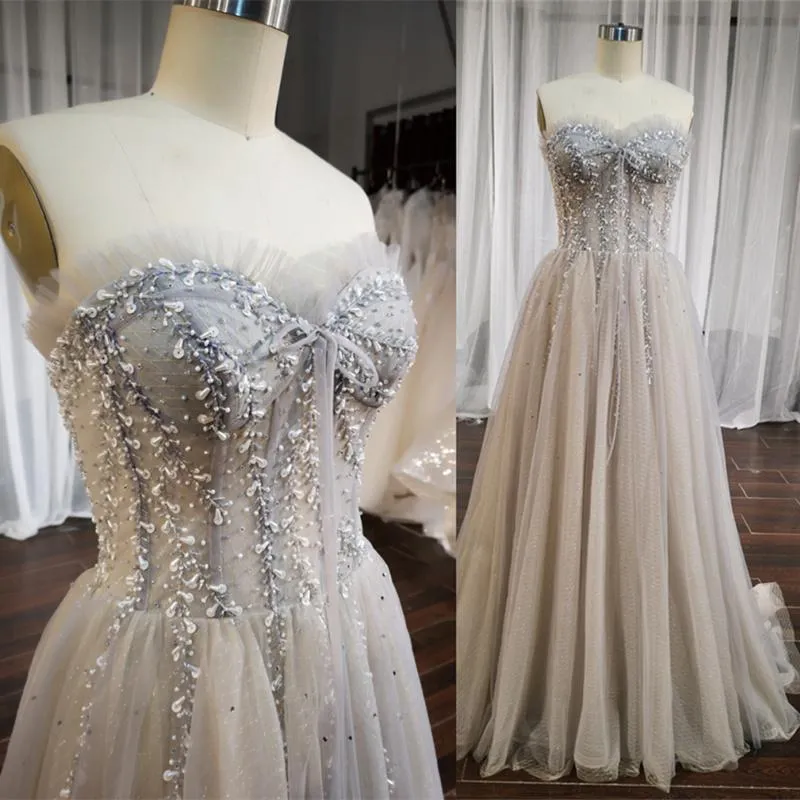 Light Champagne A-line Beaded Sweetheart Long Prom Dress, Eveing Dress Formal Dress